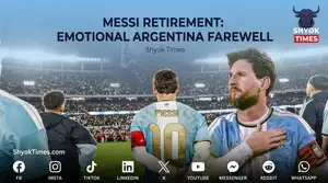 Messi retirement: drone display of Messi holding the World Cup trophy over a packed Monumental Stadium