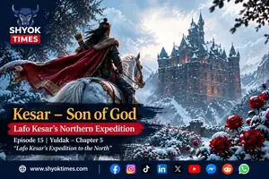 Lafo Kesar and his magical horse Kyangbo Helpa reach the roof of Dray Shima Rgyal’s fortress in Episode 15 of Kesar – Son of God.