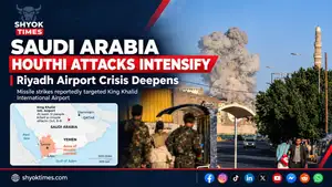 Smoke rises over a city amid reported Houthi missile attacks targeting Saudi Arabia, with a map highlighting Yemen and the surrounding region.