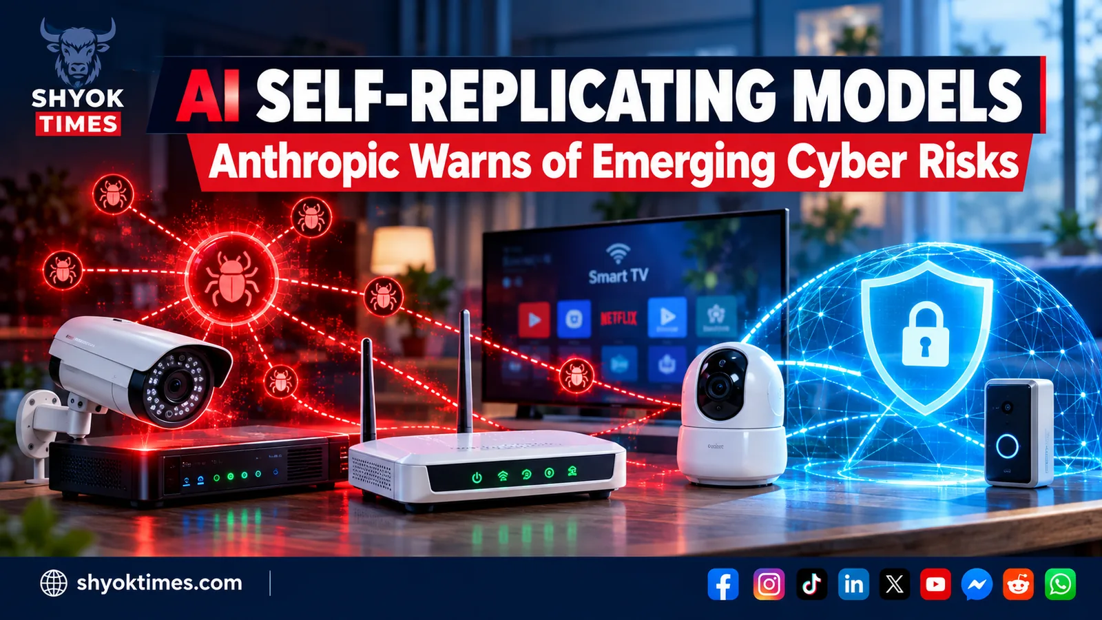 AI self-replicating malware threat targeting smart TVs, routers and CCTV cameras, with cybersecurity protection shield.