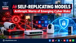 AI self-replicating malware threat targeting smart TVs, routers and CCTV cameras, with cybersecurity protection shield.