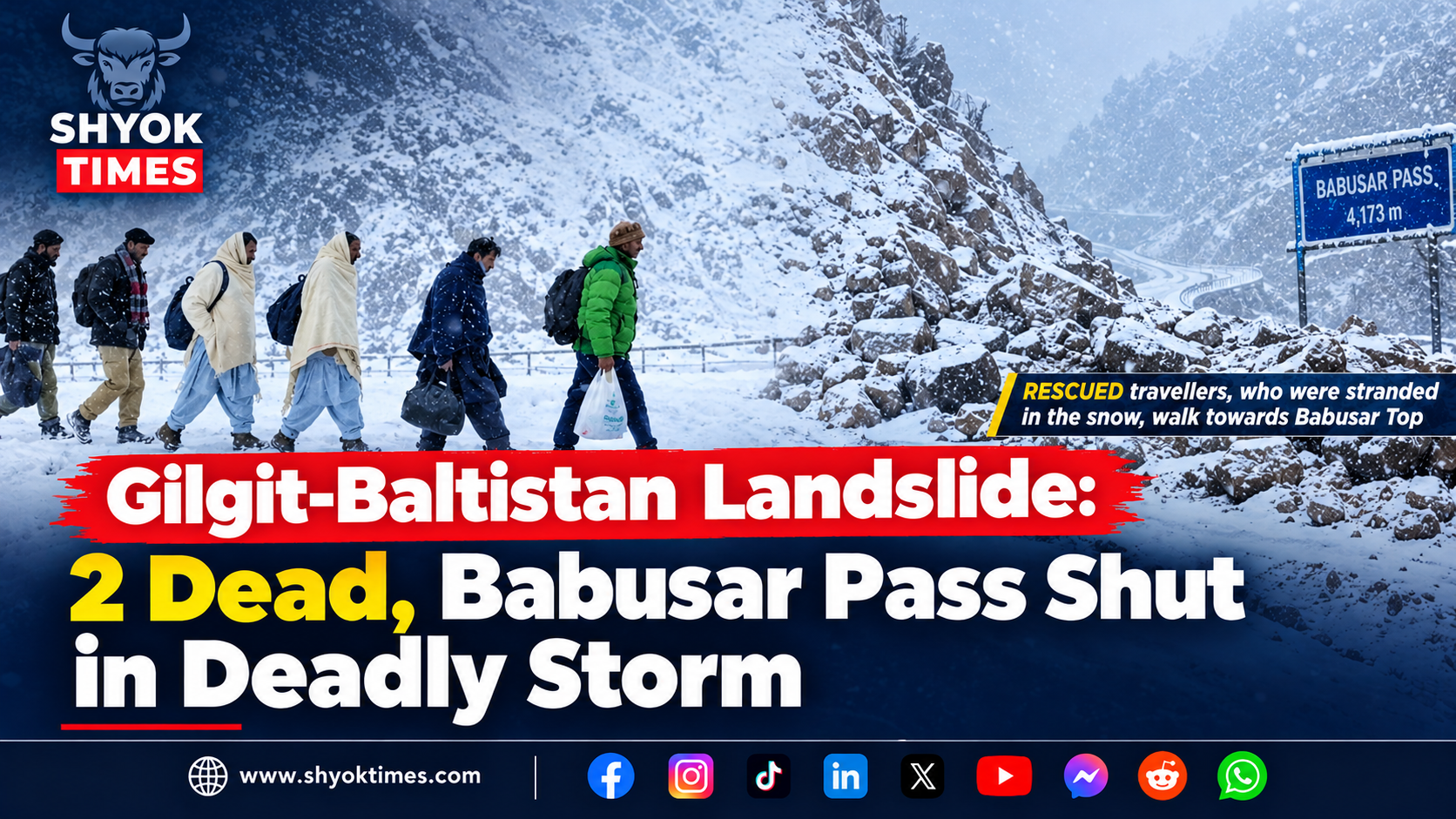 Rescued travellers stranded in the snow walk toward Babusar Top after Diamer police rescue near Babusar Pass in Gilgit-Baltistan