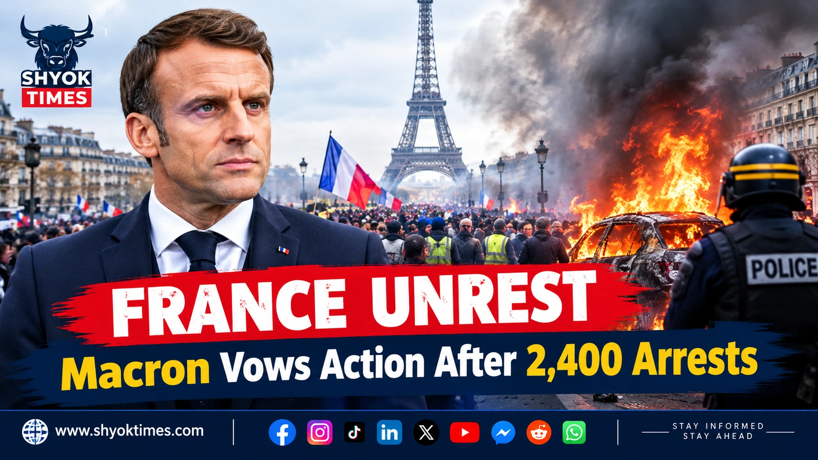France unrest in Paris after protests, showing damaged streets and a burnt-out vehicle.