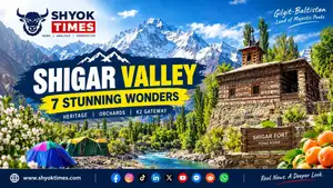 Shigar Valley in Gilgit-Baltistan featuring historic Shigar Fort, green orchards and the Karakoram Mountains.
