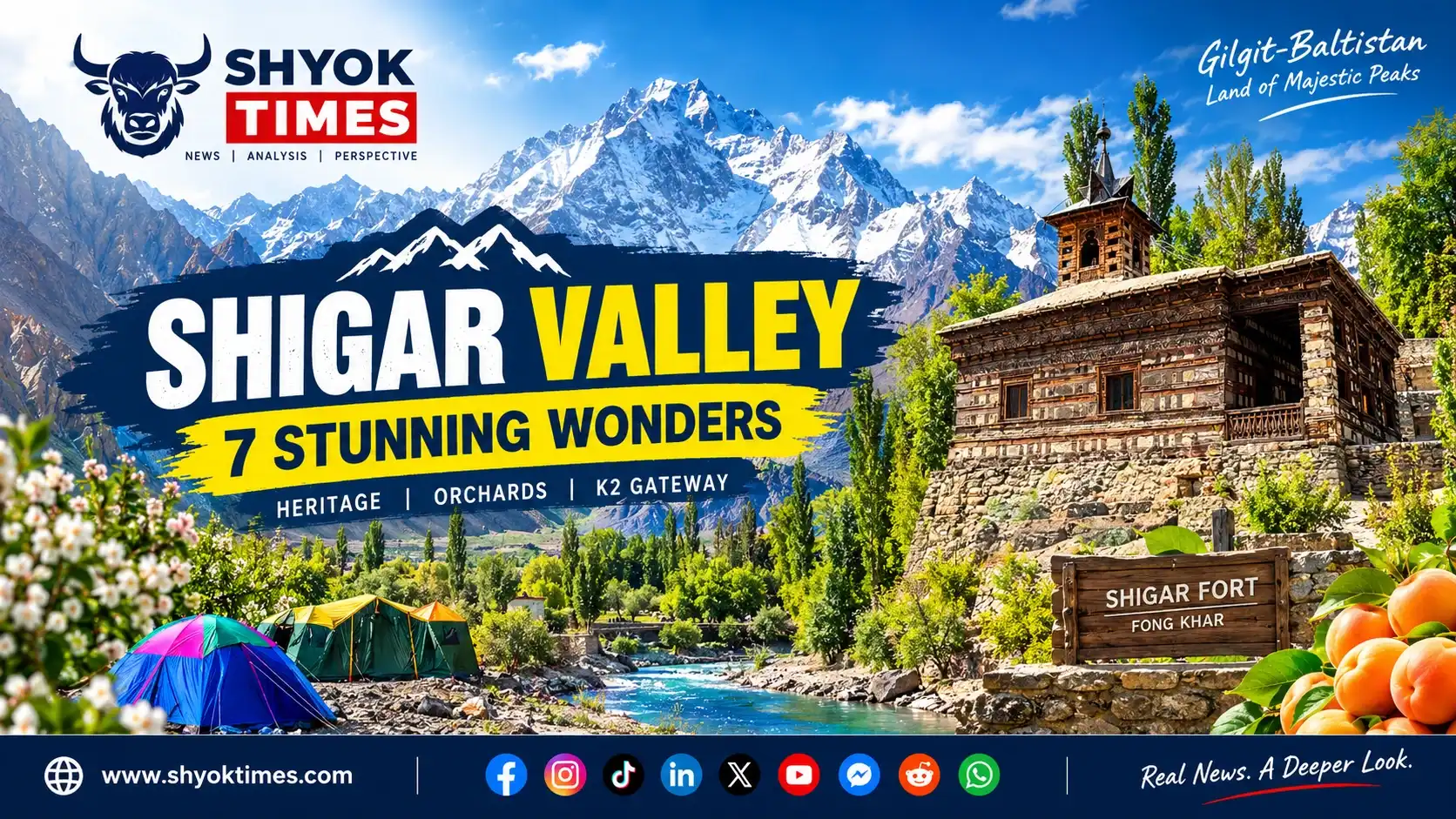 Shigar Valley in Gilgit-Baltistan featuring historic Shigar Fort, green orchards and the Karakoram Mountains.
