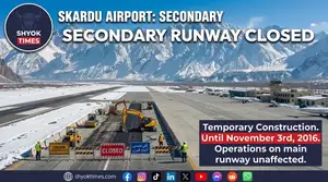 Skardu International Airport in Gilgit-Baltistan during the temporary closure of secondary runway 14L for construction until November 3, 2026.