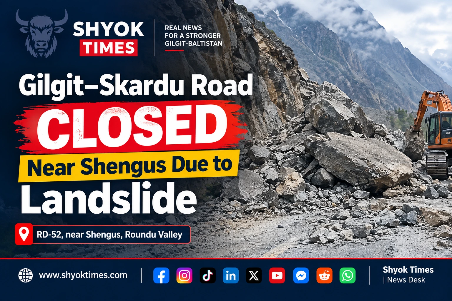 Landslide blocks the Gilgit–Skardu Road near Shengus in Roundu Valley, Gilgit-Baltistan.