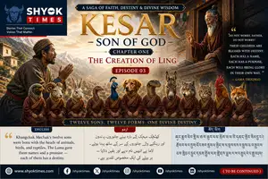 Kesar – Son of God, Episode 03 — A Lama blesses Khangchak Mechak as twelve sons with animal-headed forms symbolize destiny, names, and divine purpose in a Himalayan setting.