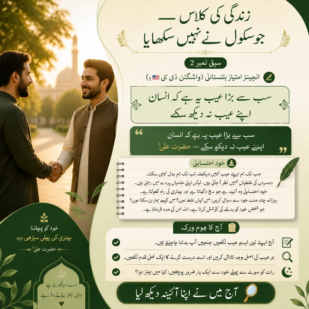زندگی کی کلاس سبق نمبر 2 خود احتسابی پر مبنی اسلامی تعلیمی پوسٹر جس میں انسان کو اپنی غلطیوں کا احساس دلایا گیا ہے
