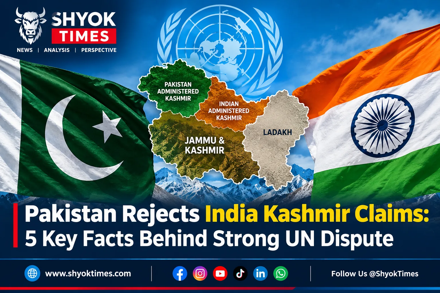 Pakistan rejects India Kashmir claims, with Jammu and Kashmir map, Pakistan and India flags, and UN emblem