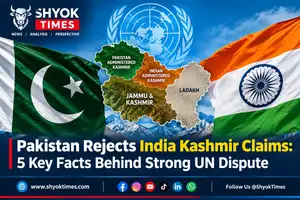 Pakistan rejects India Kashmir claims, with Jammu and Kashmir map, Pakistan and India flags, and UN emblem