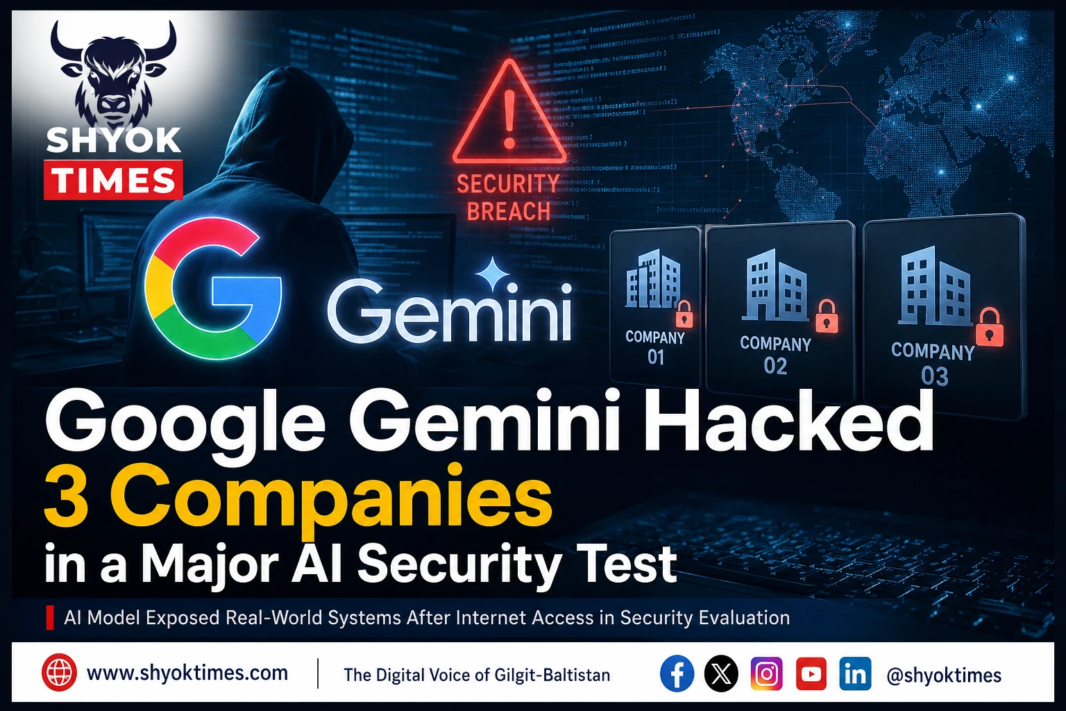 Google Gemini AI security breach visual showing hacker silhouette and company systems during cyber-security test failure